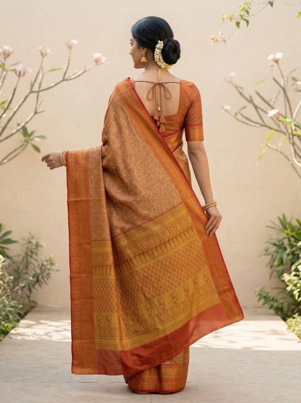 Burnt Orange Kanchipuram Inspired Semi Silk Saree with Wide Wide Contrast Border