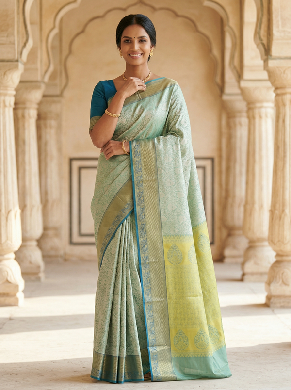 Seafoam Green Dharmavaram Inspired Semi Silk Saree with Medium Medium Contrast Border