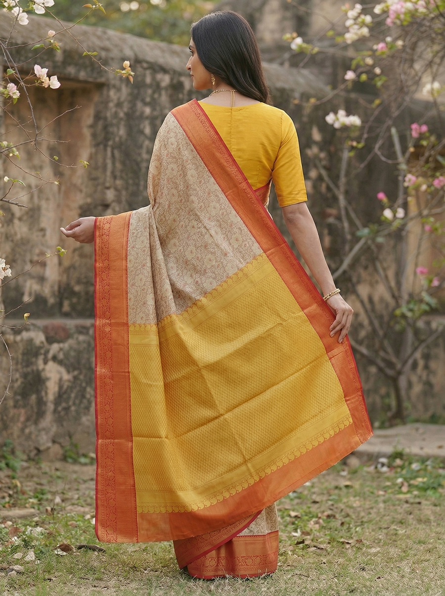 Champagne Gold Kanchipuram Inspired Semi Silk Saree with Wide Wide Contrast Border