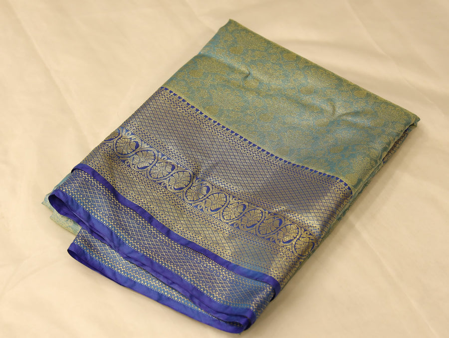 Olive Green Kanchipuram Inspired Semi Silk Saree with Medium Medium Contrast Border