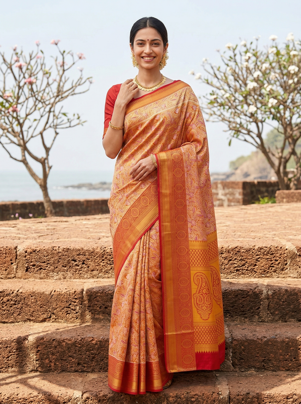 Sunset Orange Dharmavaram Inspired Semi Silk Saree with Medium Medium Contrast Border