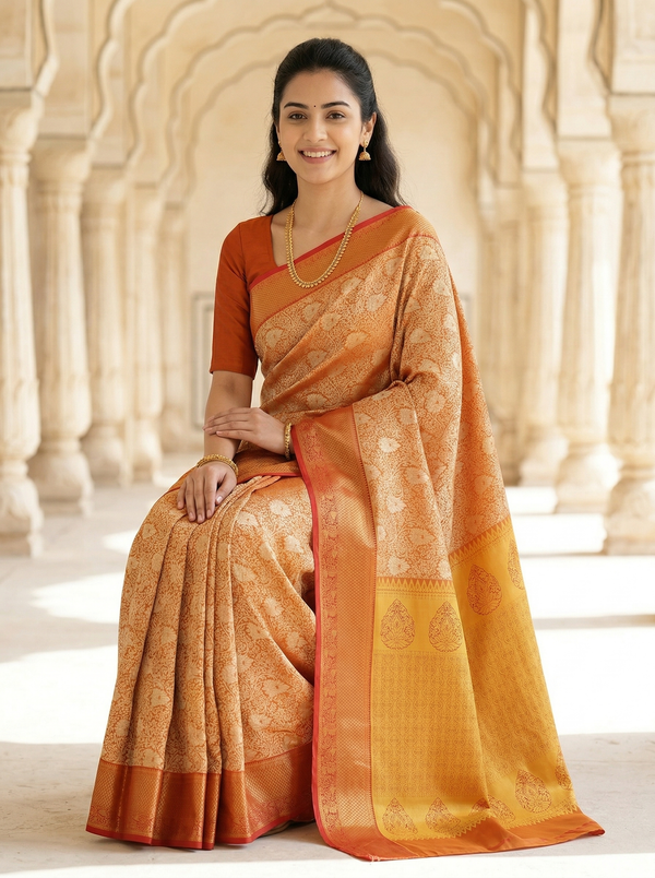 Burnt Orange Kanchipuram Inspired Semi Silk Saree with Medium Medium Contrast Border