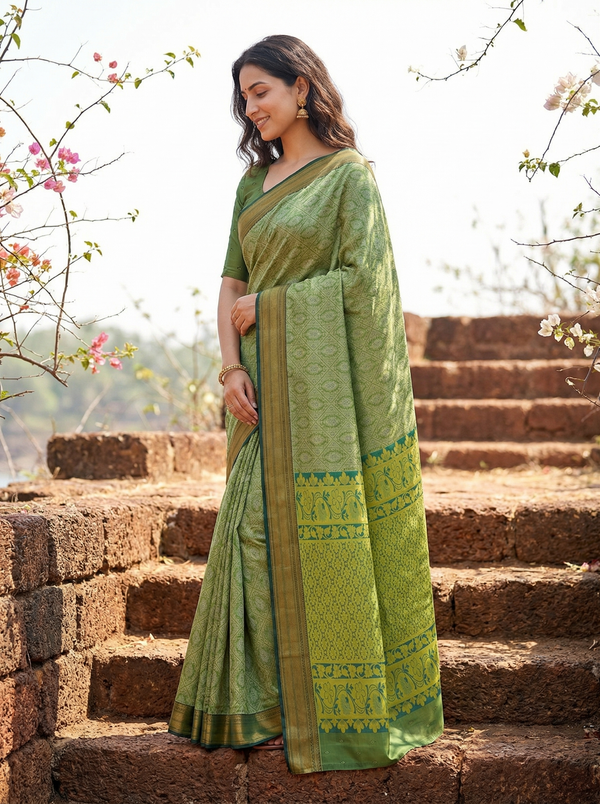 Moss Green Dharmavaram Inspired Semi Silk Saree with Medium Medium Contrast Border