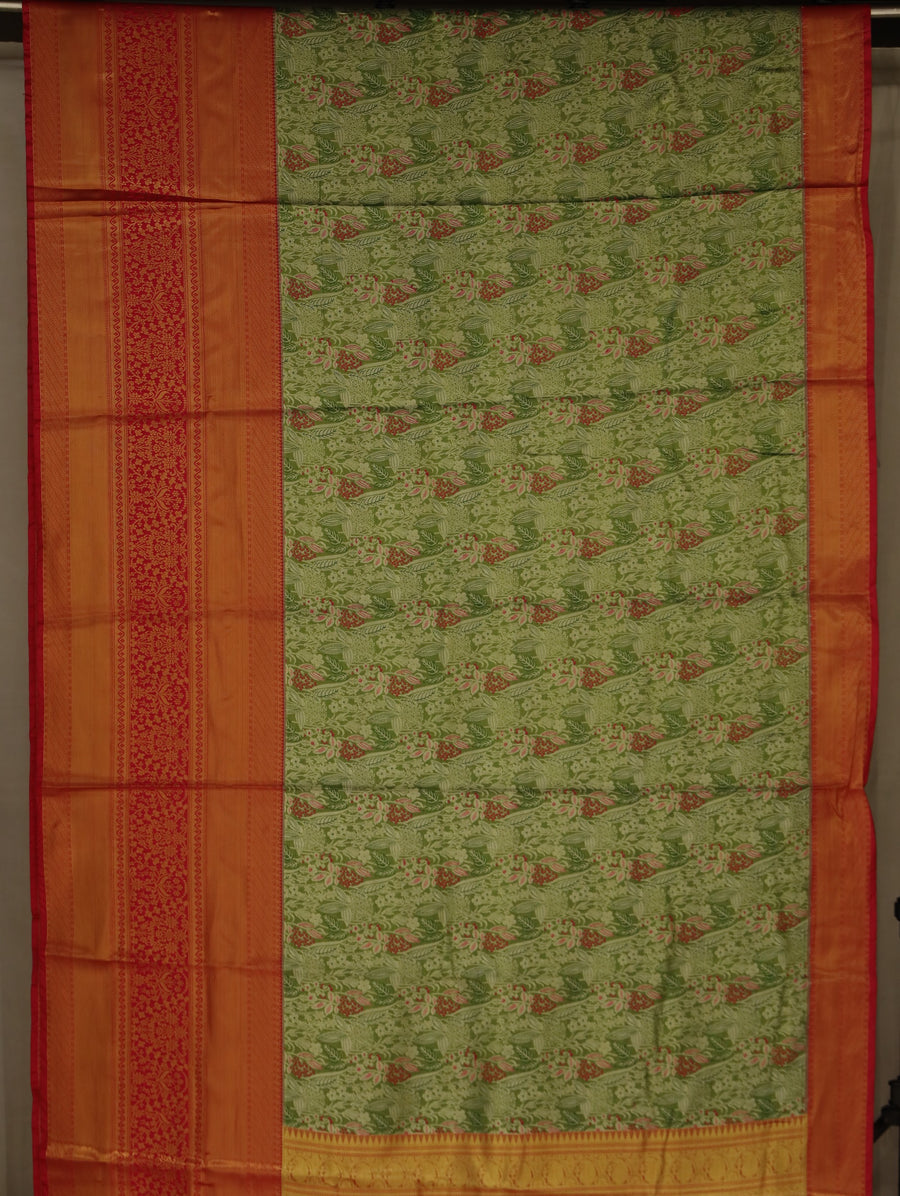 Sage Green Kanchipuram Inspired Semi Silk Saree with Wide Wide Contrast Border