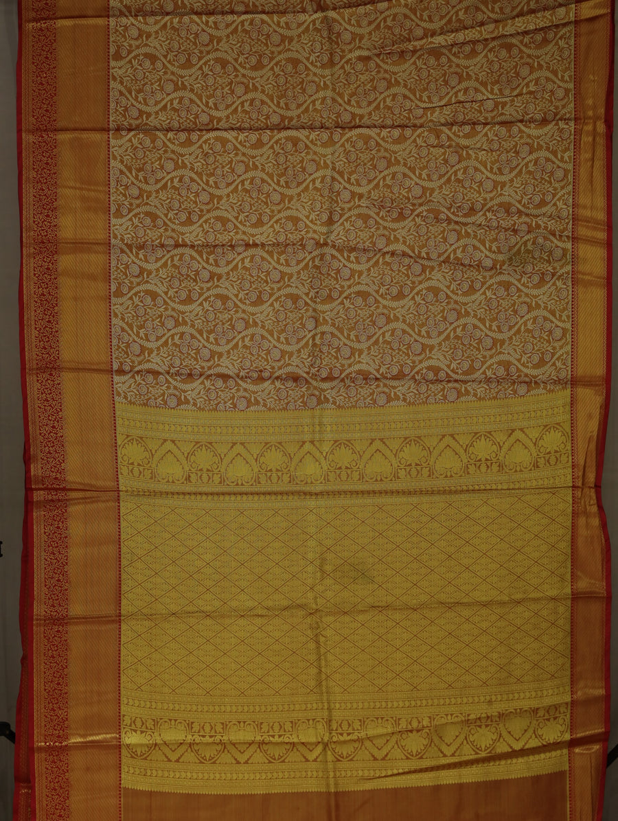 Burnt Orange Kanchipuram Inspired Semi Silk Saree with Medium Medium Contrast Border
