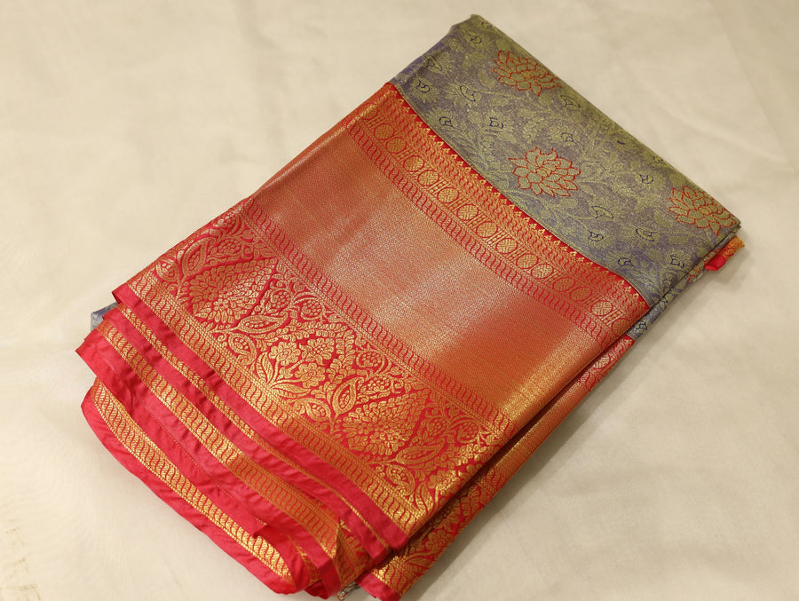 Champagne Gold Dharmavaram Inspired Semi Silk Saree with Wide Wide Contrast Border