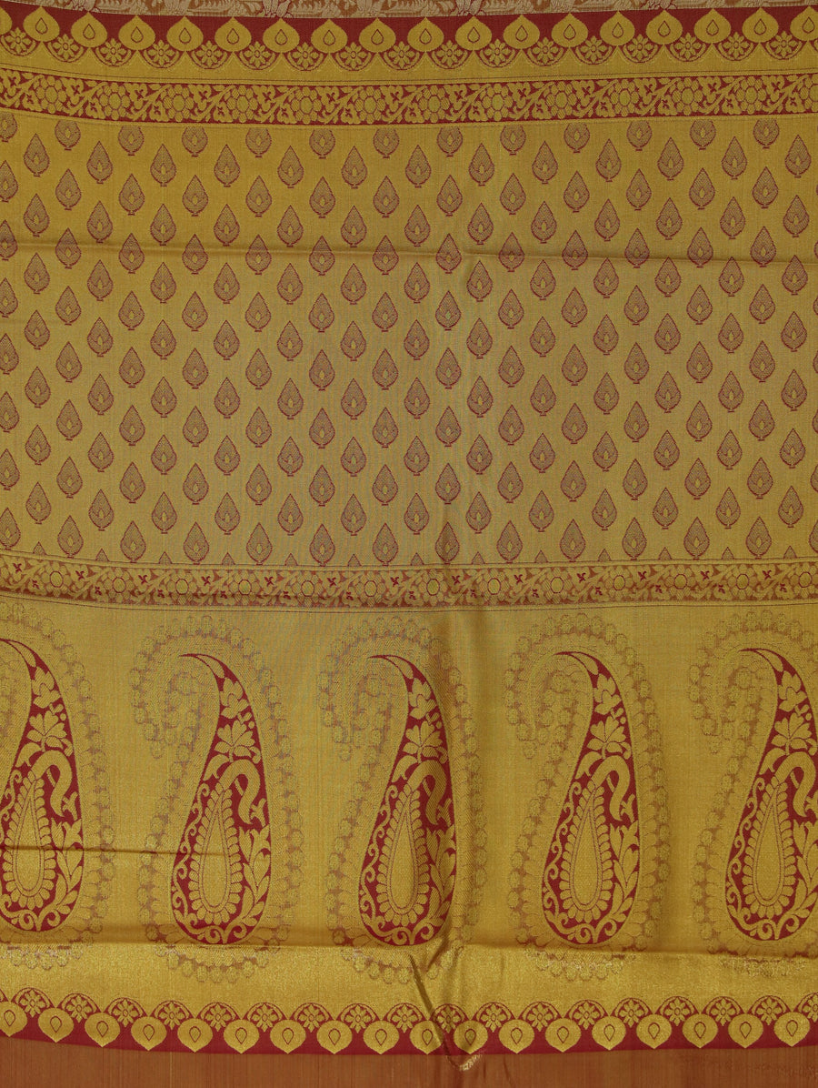 Sunset Gold Kanchipuram Inspired Semi Silk Saree with Wide Wide Contrast Border
