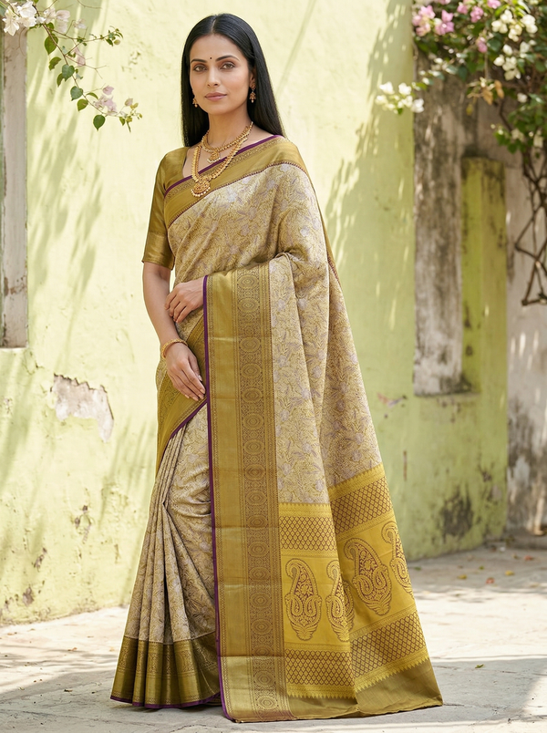 Mustard Gold Dharmavaram Inspired Semi Silk Saree with Medium Medium Contrast Border