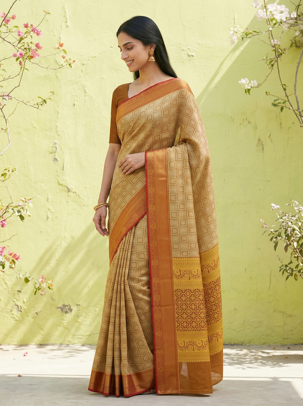 Champagne Gold Dharmavaram Inspired Semi Silk Saree with Medium Medium Contrast Border