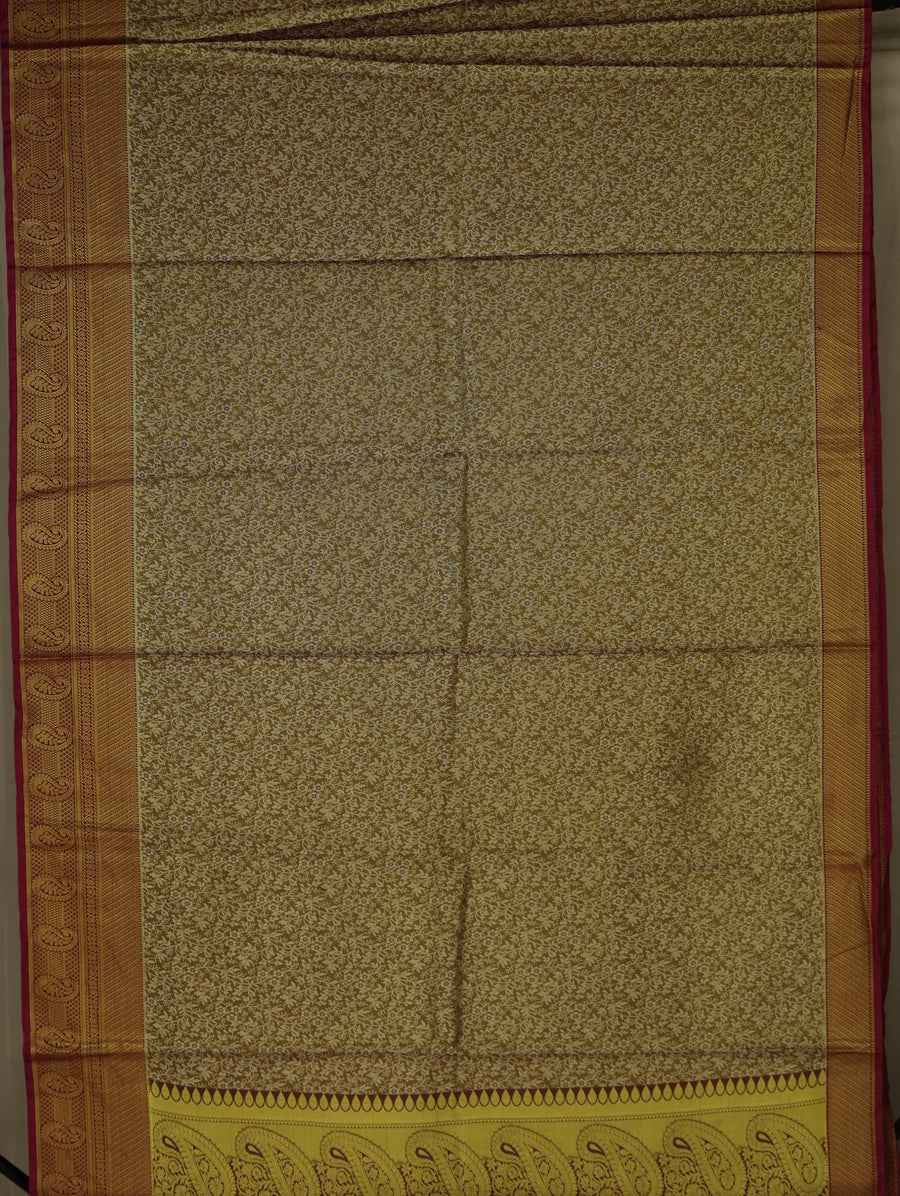 Antique Gold Kanchipuram Inspired Semi Silk Saree with Medium Medium Contrast Border
