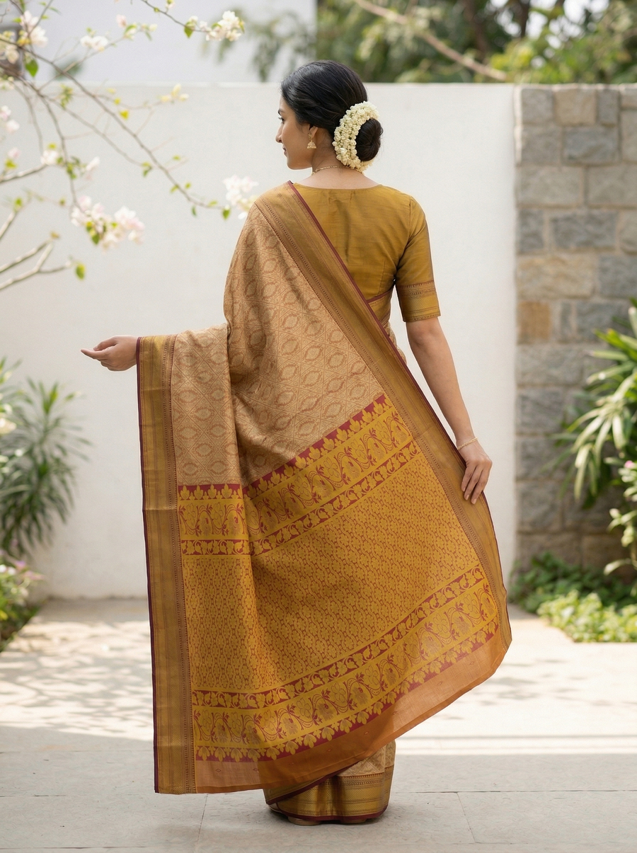 Champagne Gold Dharmavaram Inspired Semi Silk Saree with Wide Wide Contrast Border
