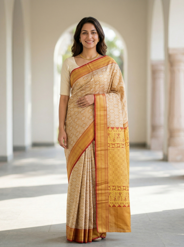 Champagne Gold Kanchipuram Inspired Semi Silk Saree with Wide Wide Contrast Border