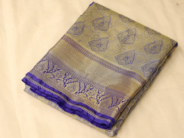 Champagne Gold Kanchipuram Inspired Semi Silk Saree with Medium Medium Contrast Border