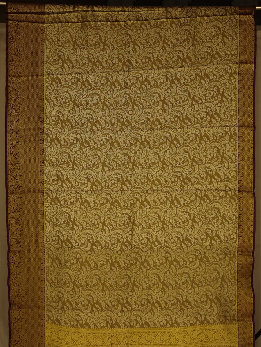 Antique Gold Kanchipuram Inspired Semi Silk Saree with Wide Wide Contrast Border