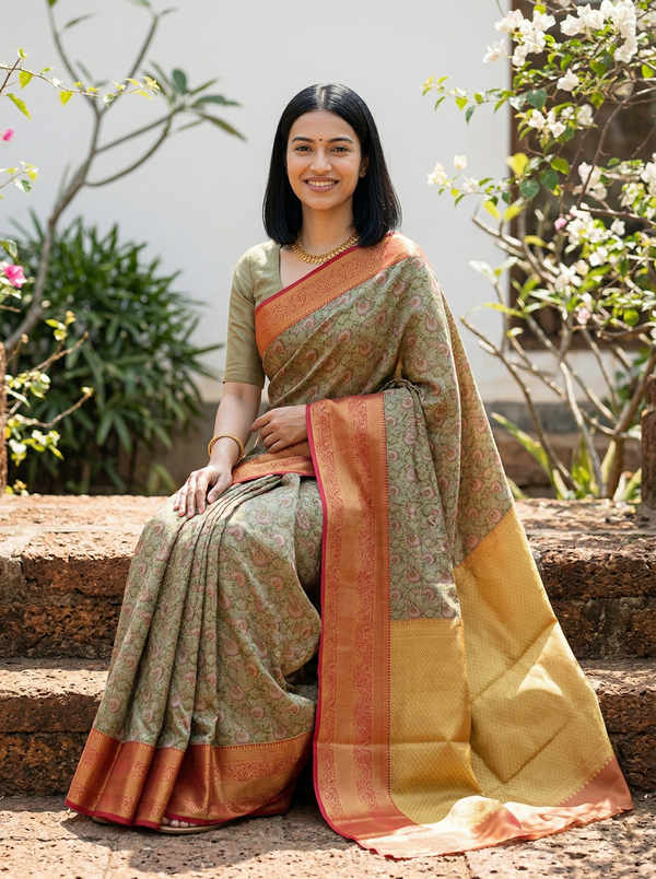 Olive Green Dharmavaram Inspired Semi Silk Saree with Wide Wide Contrast Border