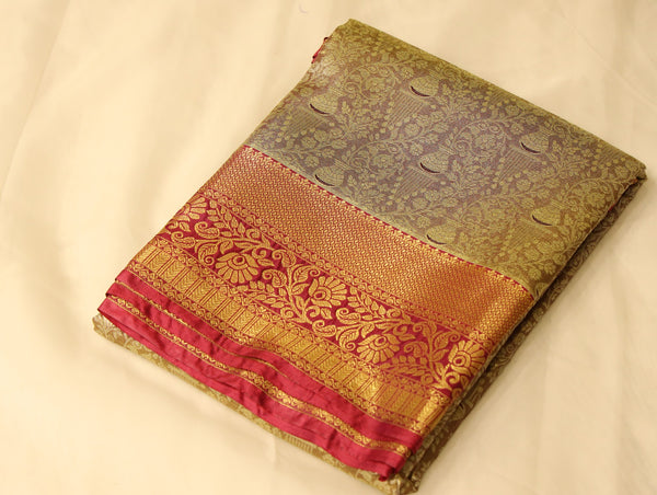 Champagne Gold Kanchipuram Inspired Semi Silk Saree with Wide Wide Contrast Border