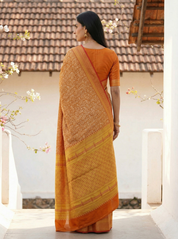 Burnt Orange Mysore Inspired Semi Silk Saree with Medium Medium Contrast Border
