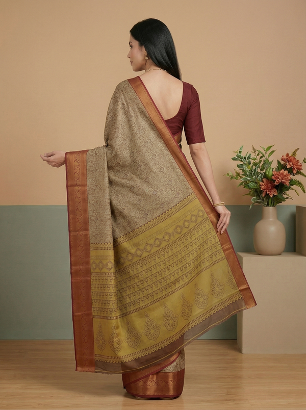 Antique Gold Dharmavaram Inspired Semi Silk Saree with Medium Medium Contrast Border