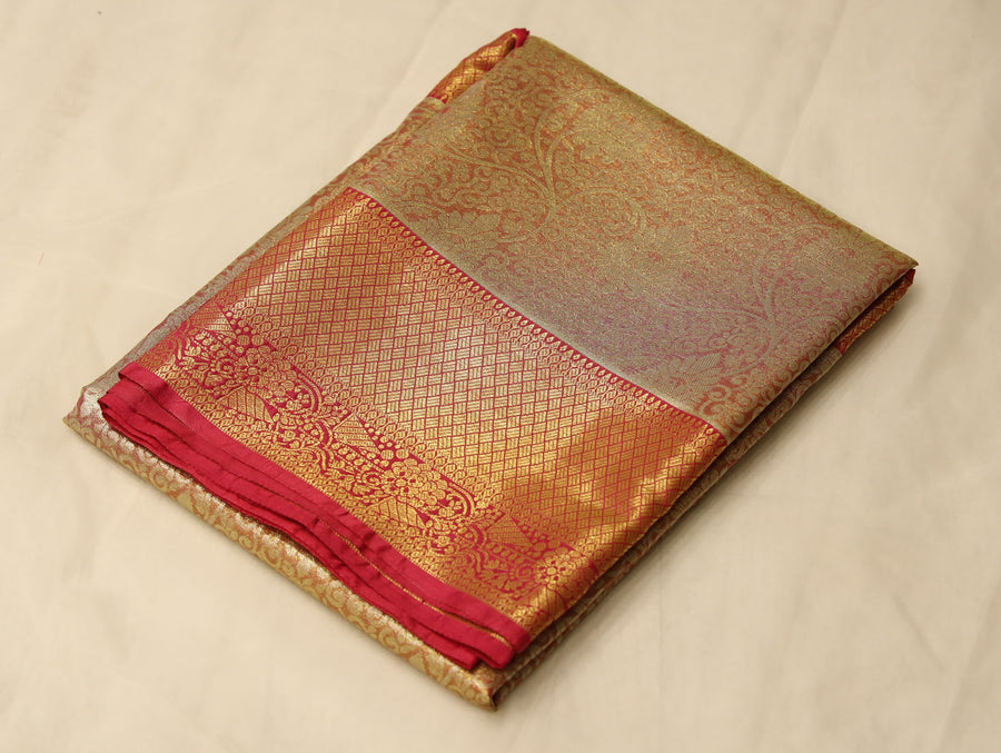 Champagne Gold Kanchipuram Inspired Semi Silk Saree with Wide Wide Contrast Border