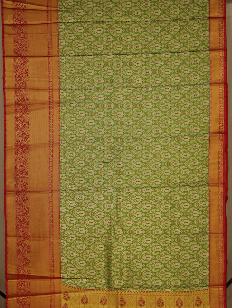 Lime Green Kanchipuram Inspired Semi Silk Saree with Medium Medium Contrast Border