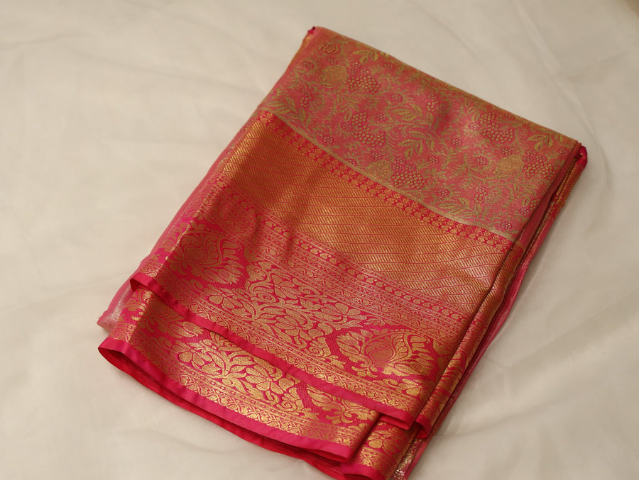 Terracotta Red Kanchipuram Inspired Semi Silk Saree with Wide Wide Contrast Border