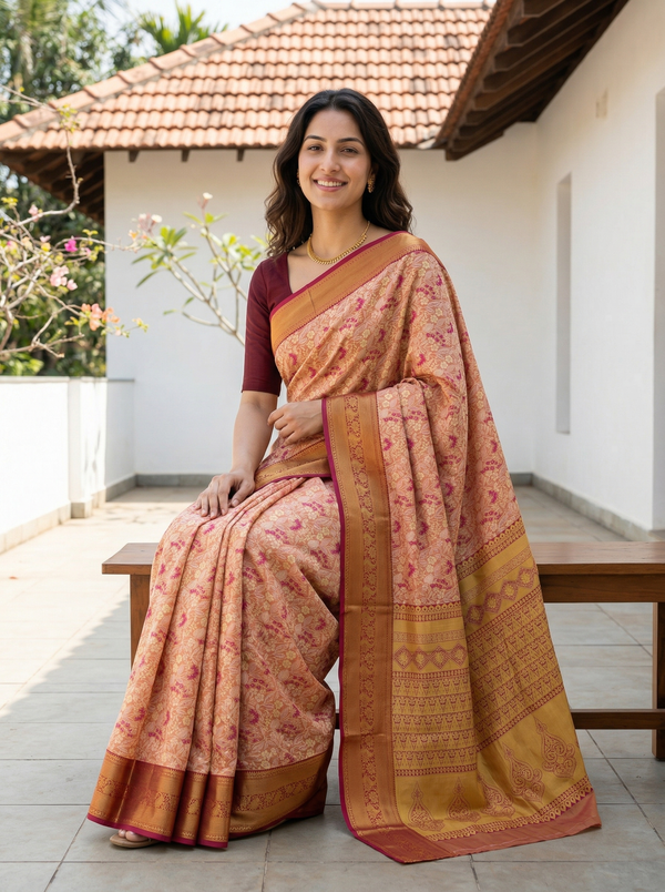 Champagne Gold Dharmavaram Inspired Semi Silk Saree with Wide Wide Contrast Border