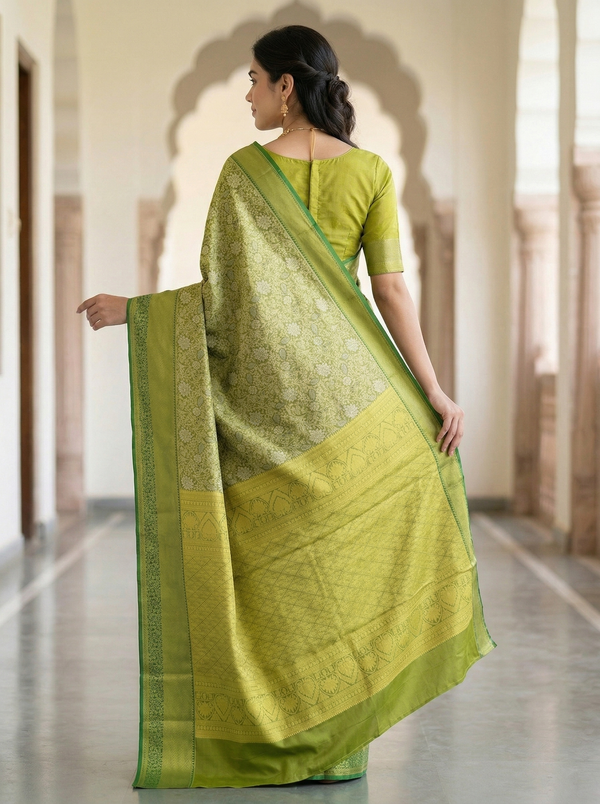 Olive Green Dharmavaram Inspired Semi Silk Saree with Medium Medium Self Border
