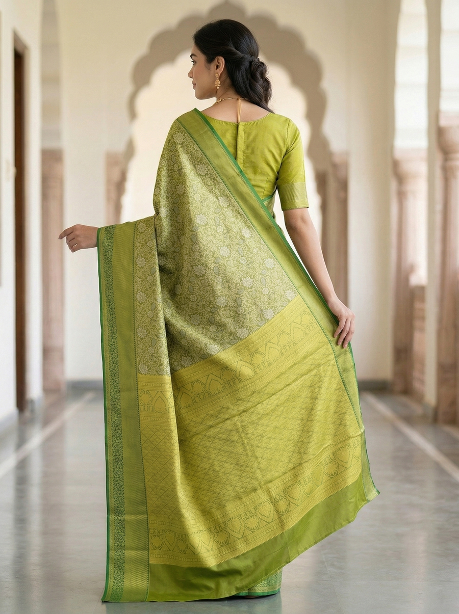 Olive Green Dharmavaram Inspired Semi Silk Saree with Medium Medium Self Border