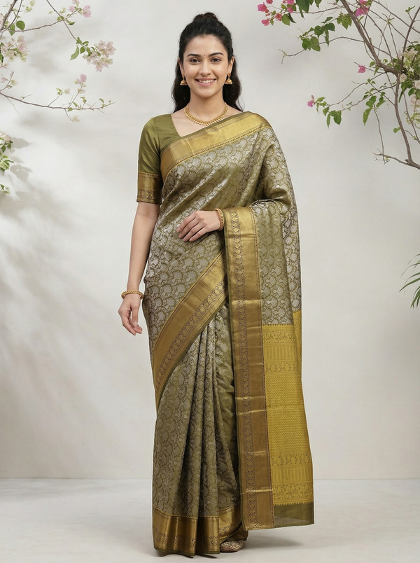 Olive Green Kanchipuram Inspired Semi Silk Saree with Wide Wide Contrast Border
