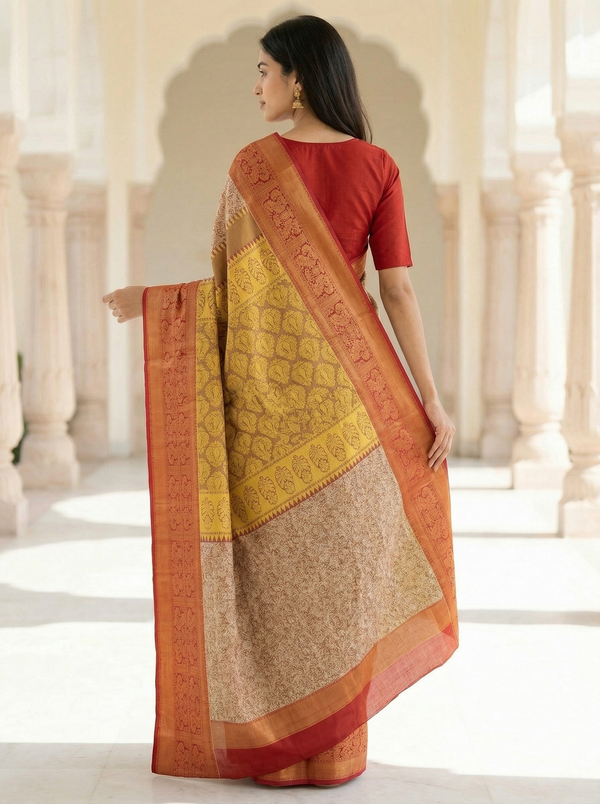 Burnt Orange Dharmavaram Inspired Semi Silk Saree with Wide Wide Contrast Border