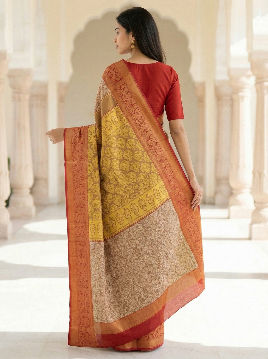 Burnt Orange Dharmavaram Inspired Semi Silk Saree with Wide Wide Contrast Border