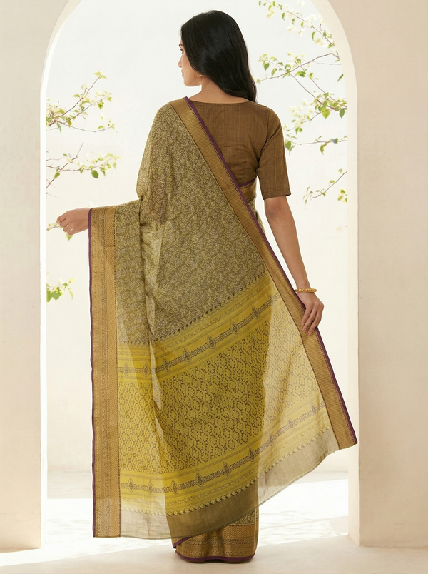 Olive Green Gadwal Inspired Semi Silk Saree with Wide Wide Contrast Border