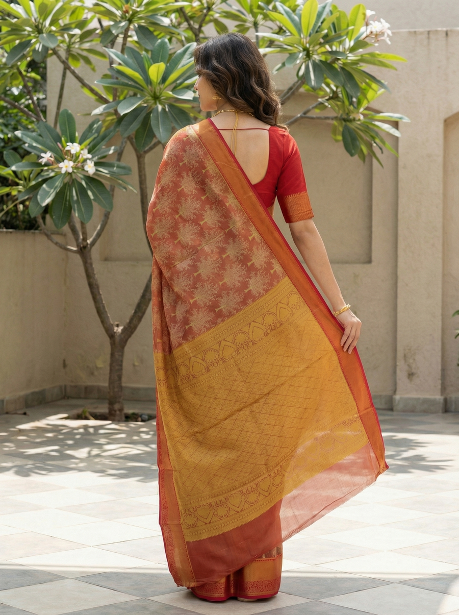 Terracotta Orange Dharmavaram Inspired Semi Silk Saree with Wide Wide Self Border