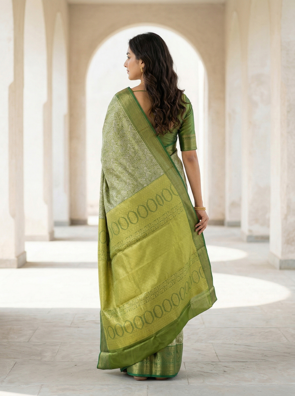 Olive Green Kanchipuram Inspired Semi Silk Saree with Wide Wide Self Border