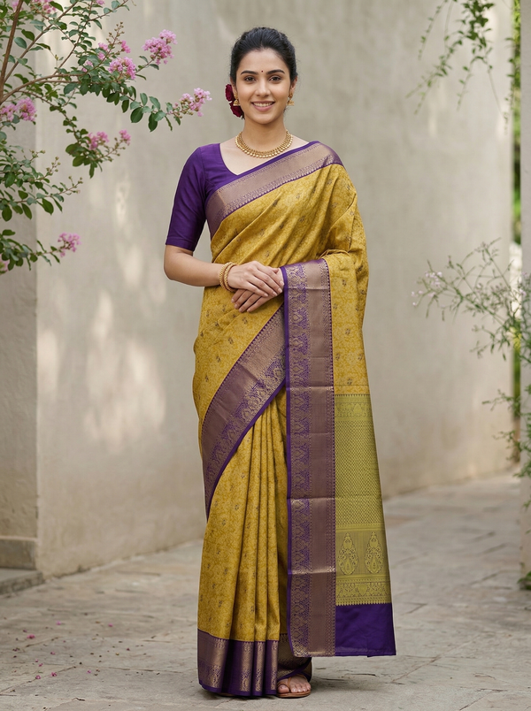 Champagne Gold Kanchipuram Inspired Semi Silk Saree with Wide Wide Contrast Border