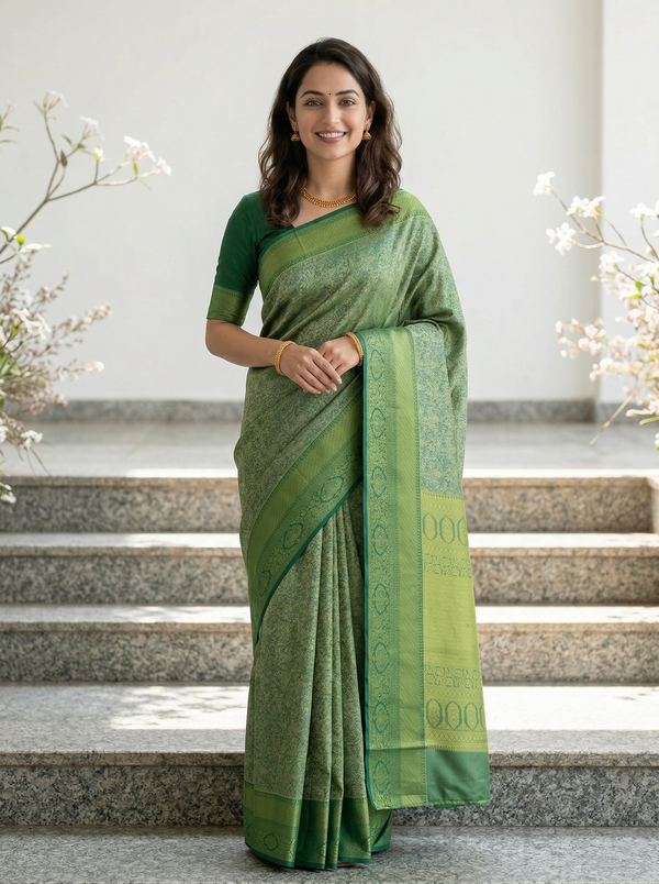 Olive Green Mysore Inspired Semi Silk Saree with Medium Medium Self Border