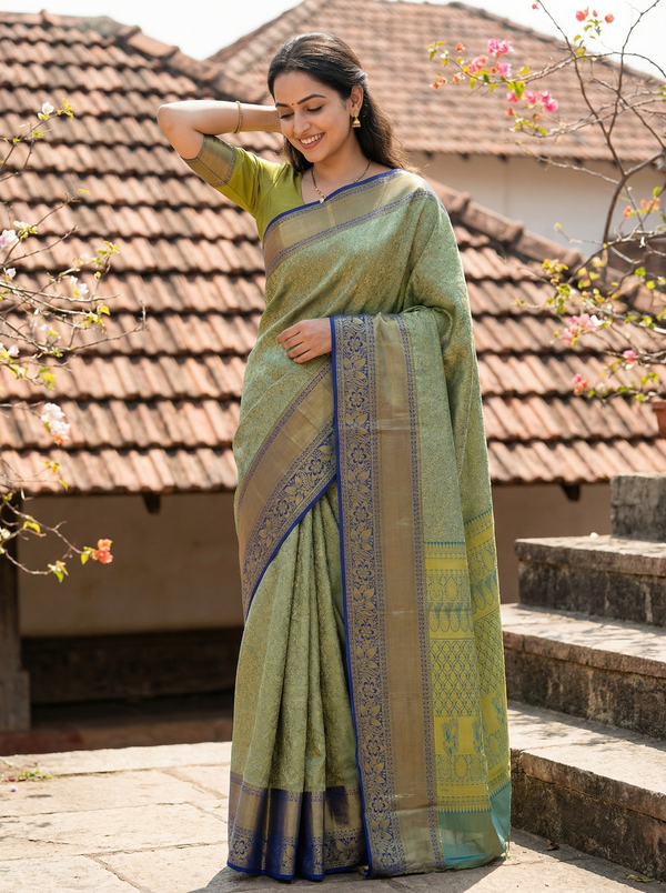 Sage Green Mysore Inspired Semi Silk Saree with Wide Wide Contrast Border
