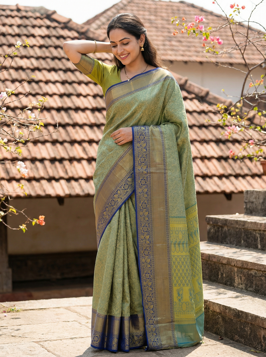 Sage Green Mysore Inspired Semi Silk Saree with Wide Wide Contrast Border