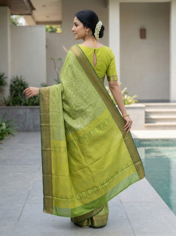 Chartreuse Green Kanchipuram Inspired Semi Silk Saree with Medium Medium Contrast Border