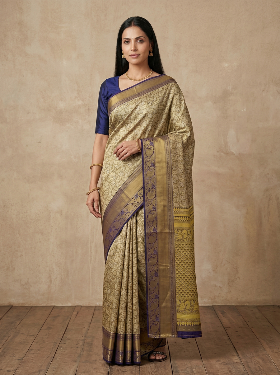 Champagne Gold Dharmavaram Inspired Semi Silk Saree with Wide Wide Contrast Border