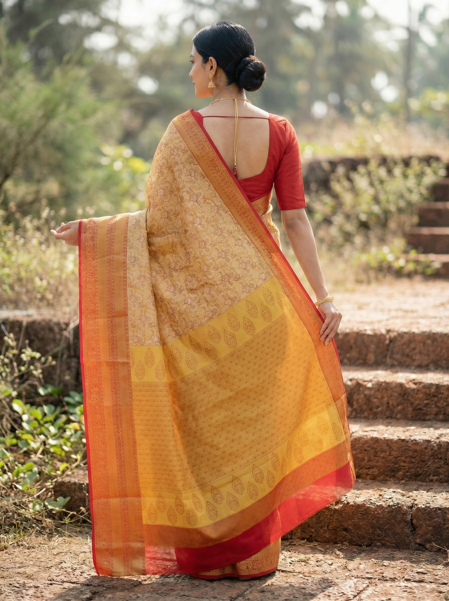 Saffron Gold Dharmavaram Inspired Semi Silk Saree with Wide Wide Contrast Border