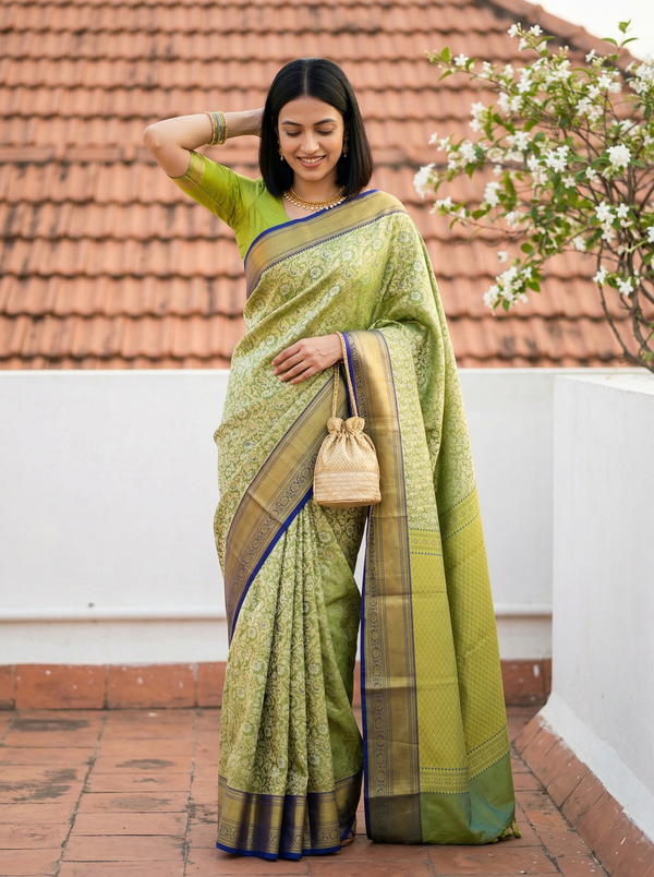 Olive Green Uppada Inspired Semi Silk Saree with Narrow Narrow Contrast Border