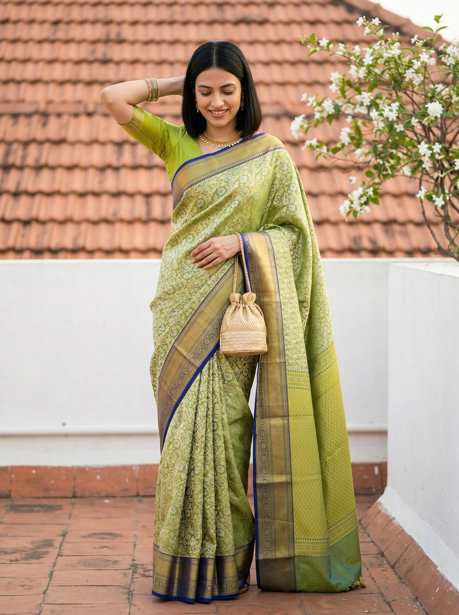 Olive Green Uppada Inspired Semi Silk Saree with Narrow Narrow Contrast Border