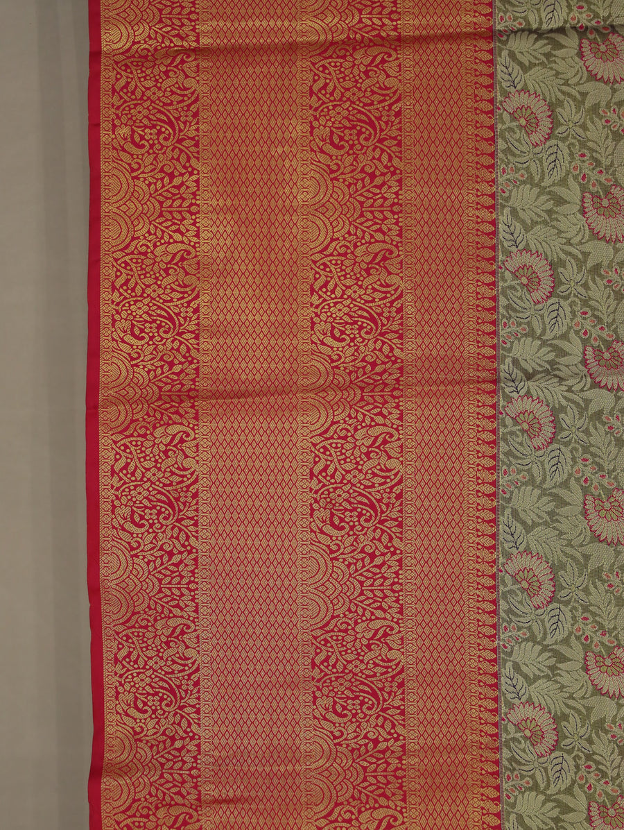 Olive Green Dharmavaram Inspired Semi Silk Saree with Wide Wide Contrast Border