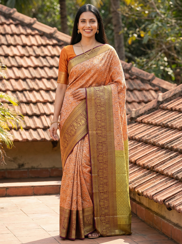 Saffron Orange Dharmavaram Inspired Semi Silk Saree with Medium Medium Contrast Border