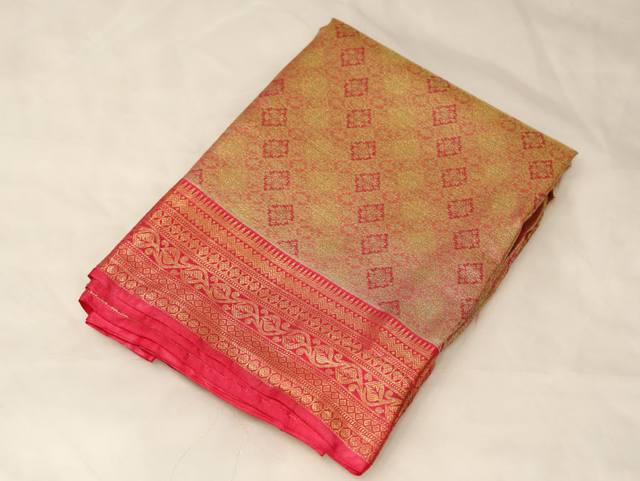Golden Mustard Dharmavaram Inspired Semi Silk Saree with Wide Wide Contrast Border