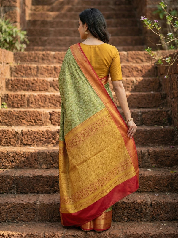 Mustard Gold Kanchipuram Inspired Semi Silk Saree with Medium Medium Contrast Border