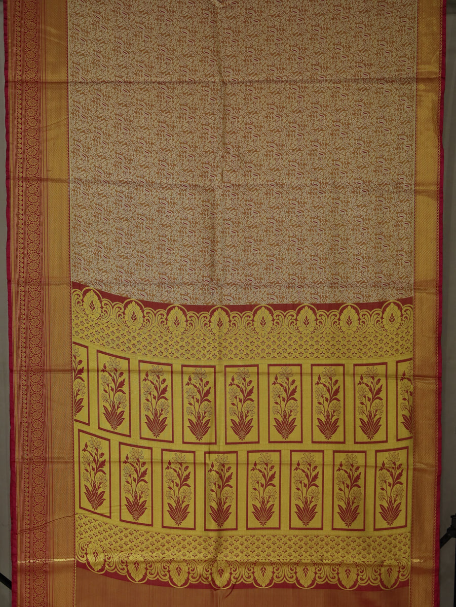 Earthy Brown Kanchipuram Inspired Semi Silk Saree with Medium Medium Contrast Border