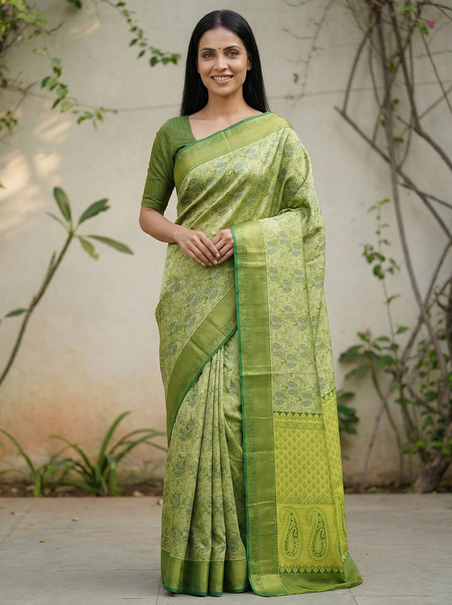 Leaf Green Uppada Inspired Semi Silk Saree with Medium Medium Self Border