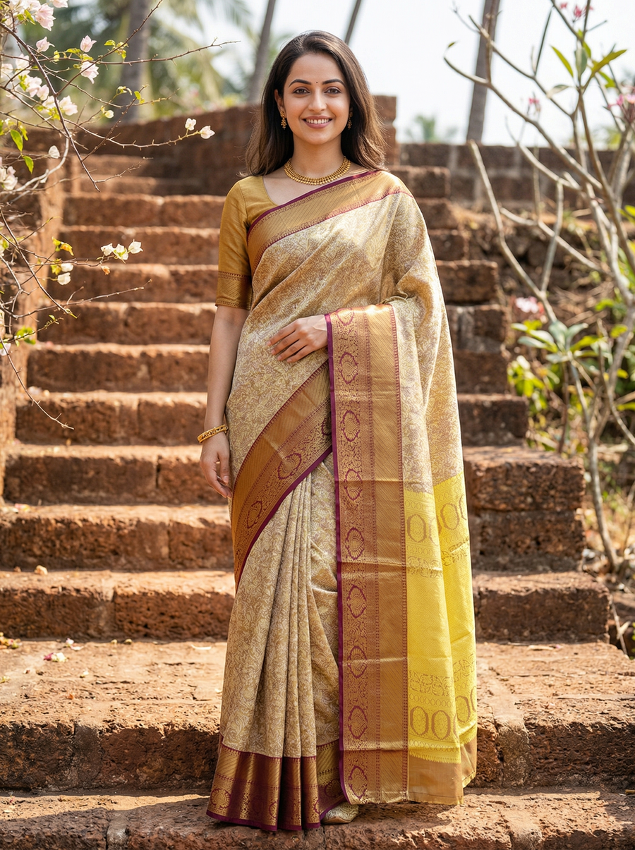 Olive Green Dharmavaram Inspired Semi Silk Saree with Medium Medium Contrast Border